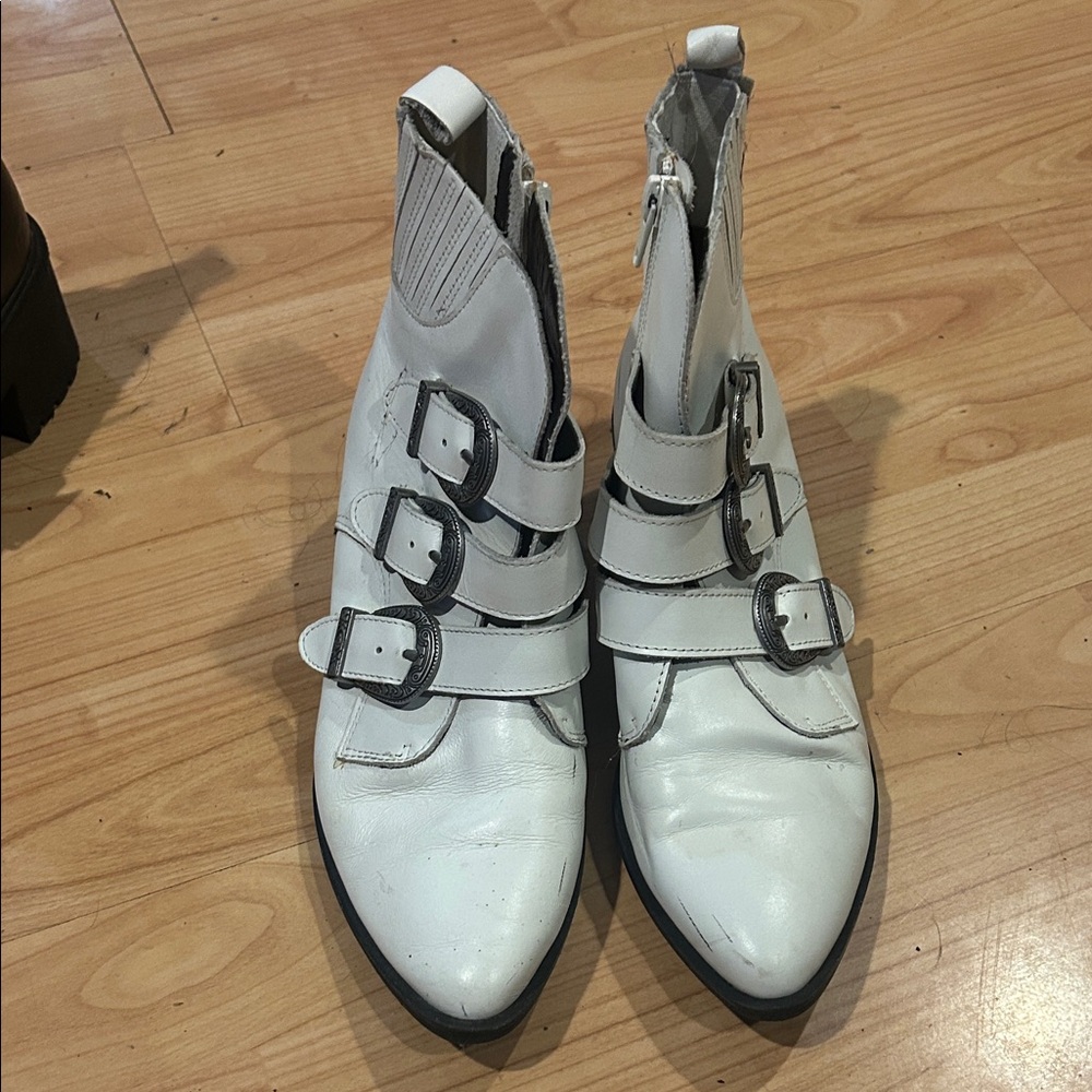 Steve Madden Triple Buckle White Ankle Boots
